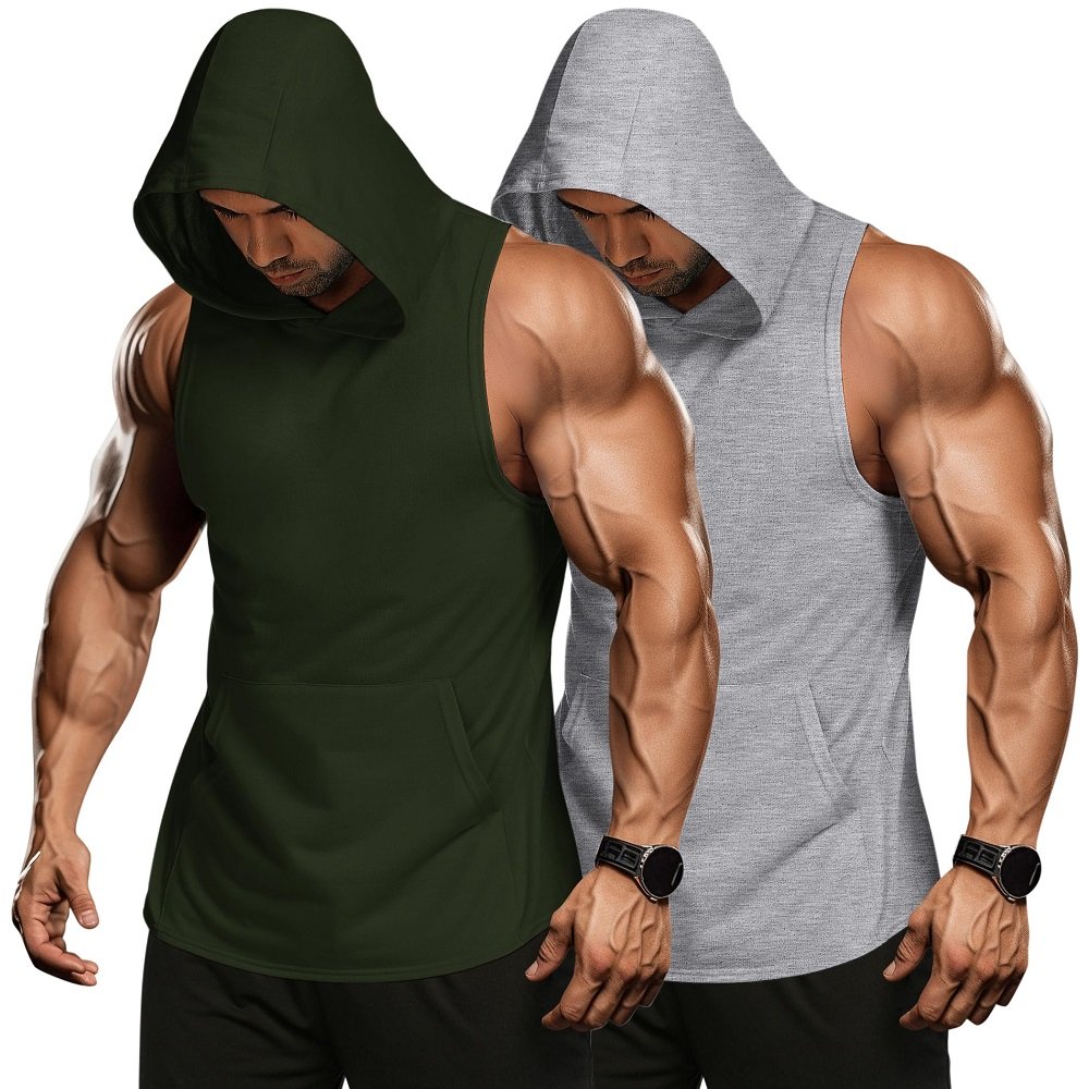 Summer Wholesale Muscle Fit Men' Workout Hooded Tank Tops Bodybuilding Muscle Shirts Puff Print Men Sleeveless Gym Hoodie Shirt