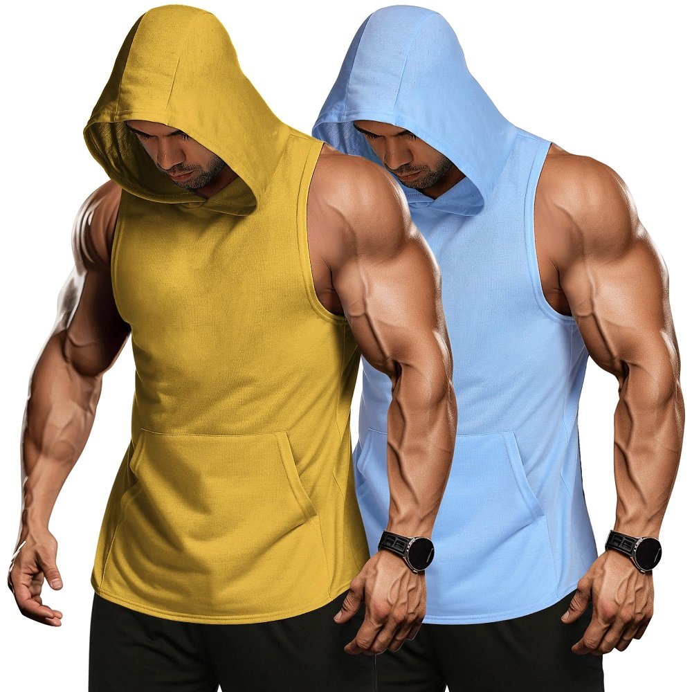 Summer Wholesale Muscle Fit Men' Workout Hooded Tank Tops Bodybuilding Muscle Shirts Puff Print Men Sleeveless Gym Hoodie Shirt