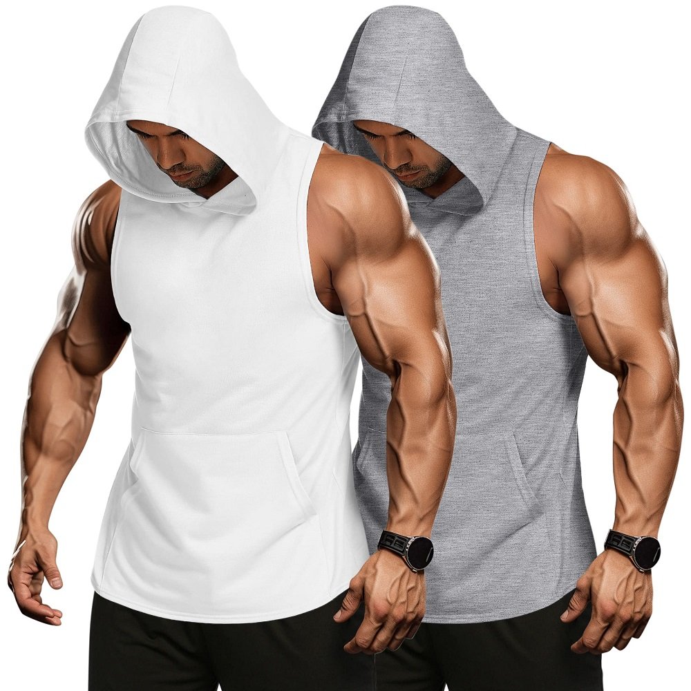 Summer Wholesale Muscle Fit Men' Workout Hooded Tank Tops Bodybuilding Muscle Shirts Puff Print Men Sleeveless Gym Hoodie Shirt