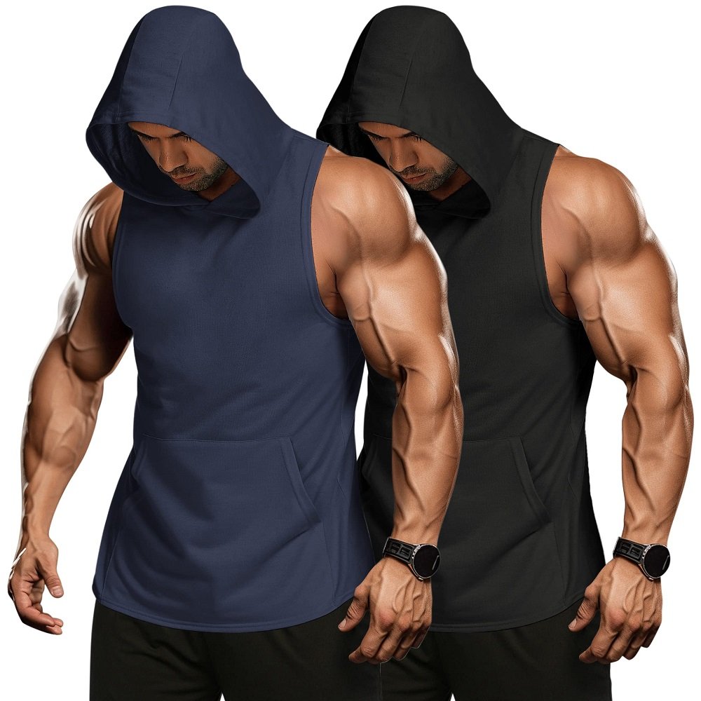 Summer Wholesale Muscle Fit Men' Workout Hooded Tank Tops Bodybuilding Muscle Shirts Puff Print Men Sleeveless Gym Hoodie Shirt
