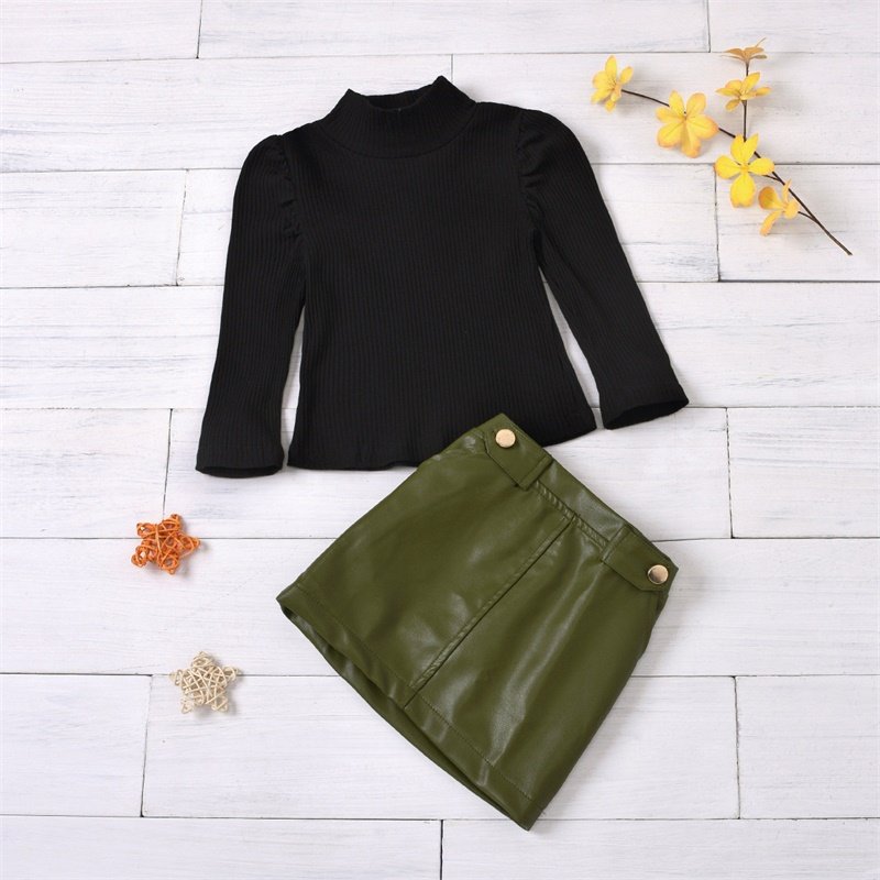 2022 Custom Kids Girl Ribbed Knitted Fabric Shirt Pu Leather Skirt Set Children Baby Clothes Outfit