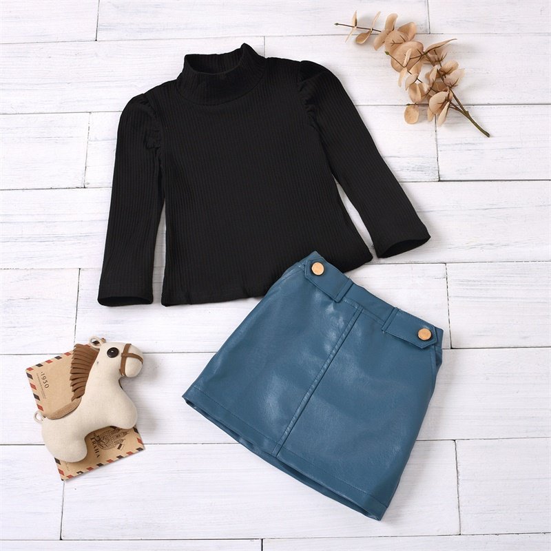 2022 Custom Kids Girl Ribbed Knitted Fabric Shirt Pu Leather Skirt Set Children Baby Clothes Outfit
