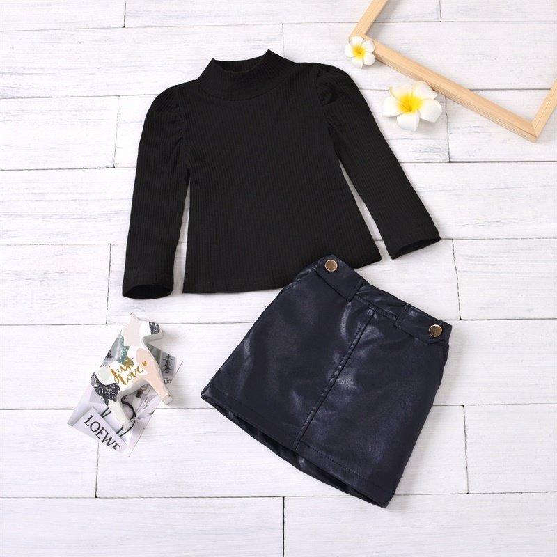 2022 Custom Kids Girl Ribbed Knitted Fabric Shirt Pu Leather Skirt Set Children Baby Clothes Outfit