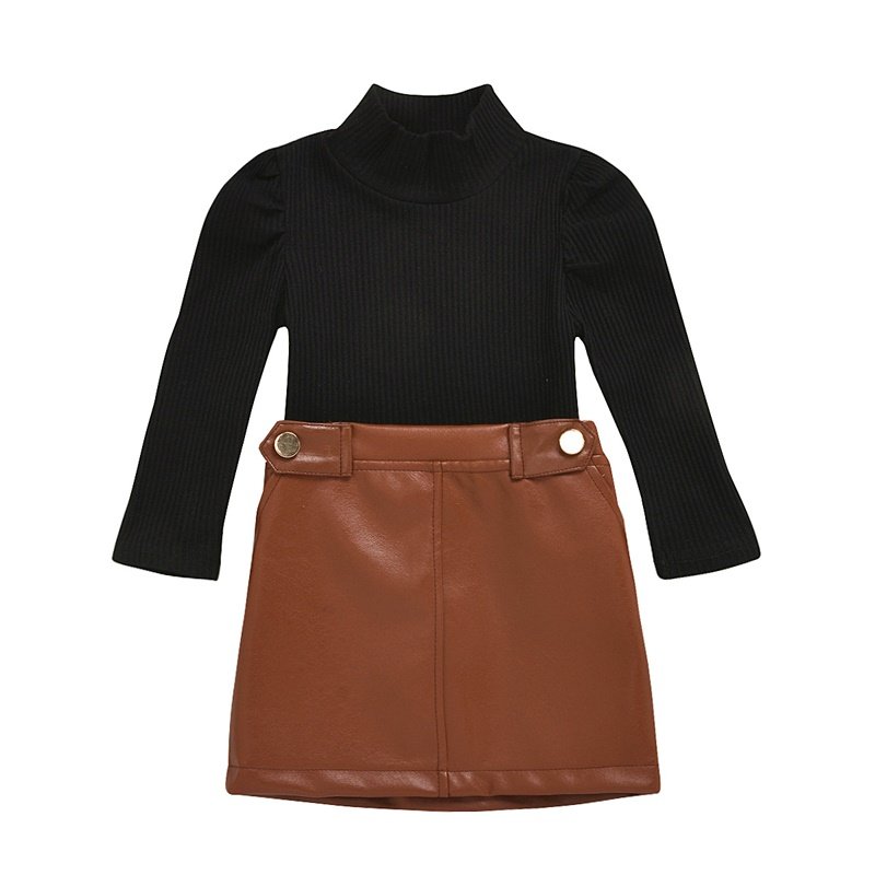 2022 Custom Kids Girl Ribbed Knitted Fabric Shirt Pu Leather Skirt Set Children Baby Clothes Outfit