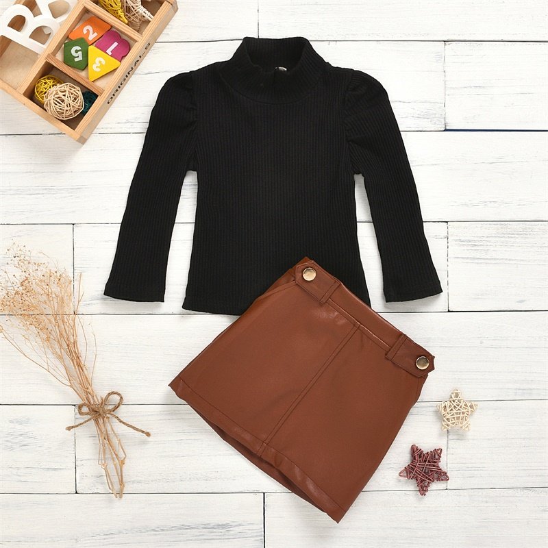 2022 Custom Kids Girl Ribbed Knitted Fabric Shirt Pu Leather Skirt Set Children Baby Clothes Outfit