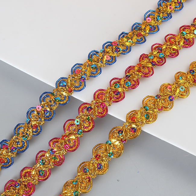 2023 Multicolor Filigree Lace Border Stage Dress Accessories Colorful Sequins S Shape Braided Trimming Edge Sewing Lace Trim