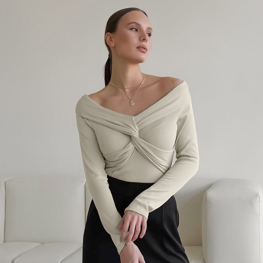 OOTN Office Lady Cross Khaki Pullover Tops 2023 Slash Neck Long Sleeve Inner Autumn Tops Overlap Sexy Ribbed Knitted Tees