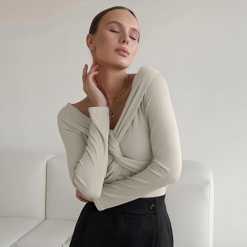 OOTN Office Lady Cross Khaki Pullover Tops 2023 Slash Neck Long Sleeve Inner Autumn Tops Overlap Sexy Ribbed Knitted Tees