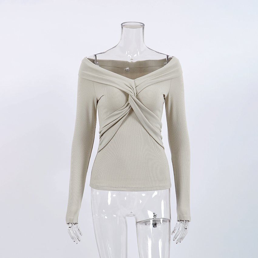 OOTN Office Lady Cross Khaki Pullover Tops 2023 Slash Neck Long Sleeve Inner Autumn Tops Overlap Sexy Ribbed Knitted Tees