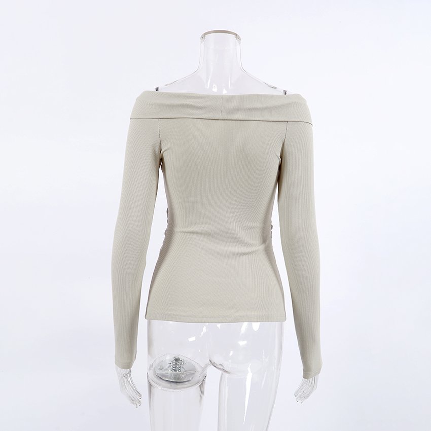 OOTN Office Lady Cross Khaki Pullover Tops 2023 Slash Neck Long Sleeve Inner Autumn Tops Overlap Sexy Ribbed Knitted Tees