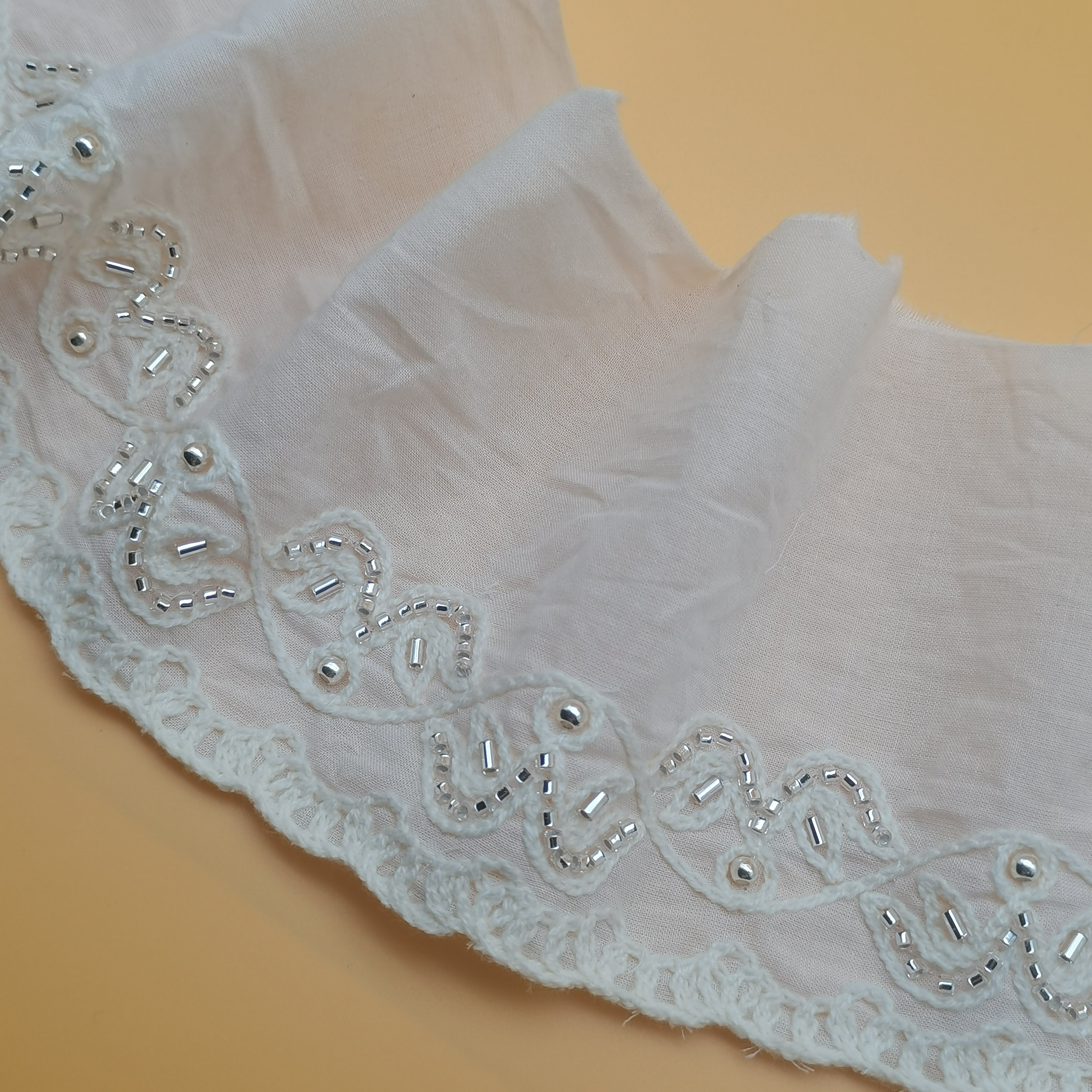 100% Cotton Embroidery Fabric Beautiful Beaded Lace Trim Customizable Dress Clothes Featuring Flower Sequins Border Wholesale