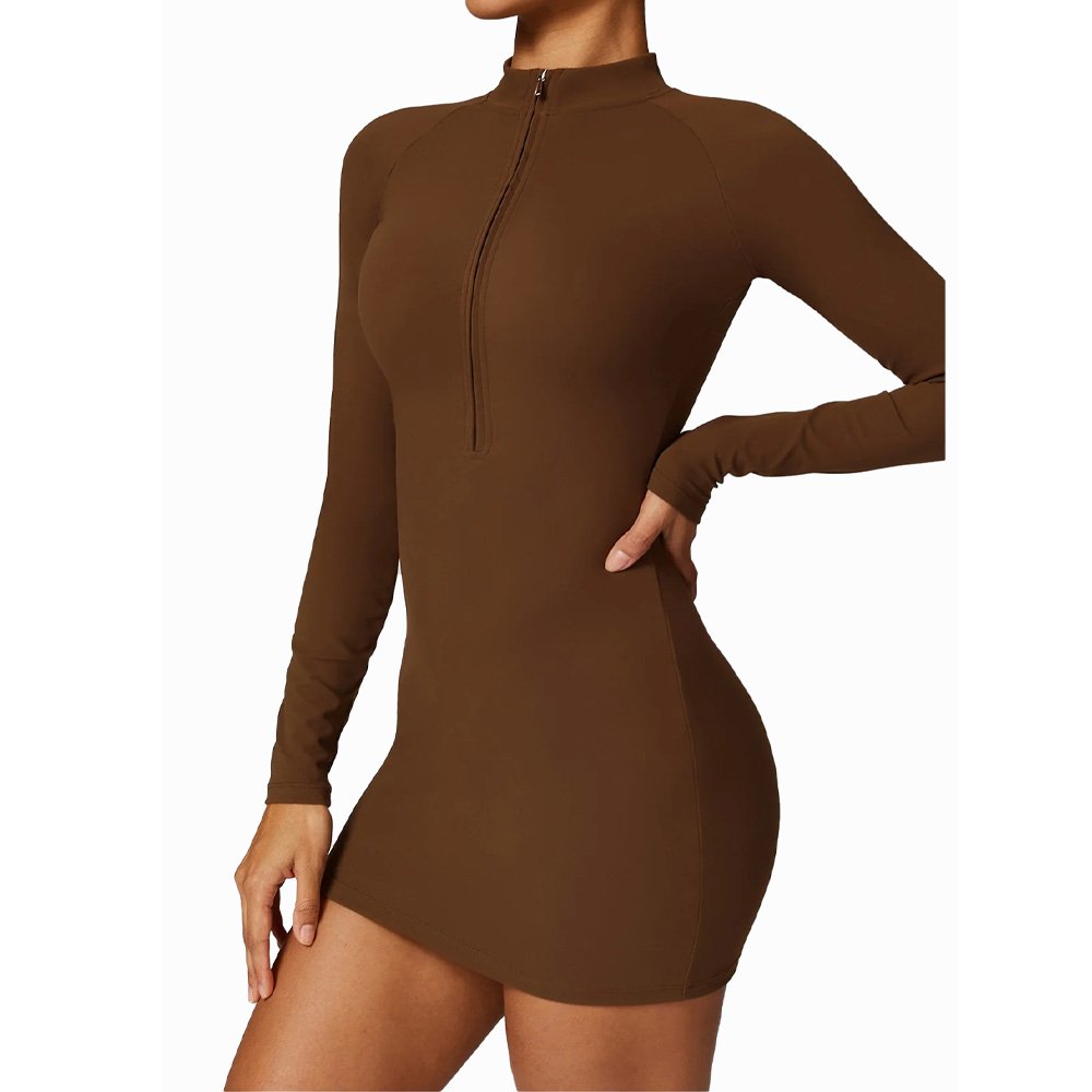 Premium Women Tennis Dress Zipper Nude Long Sleeve Bodycon Tracksuit Bodycon Dresses Running Fitness Golf Badminton Tracksuits