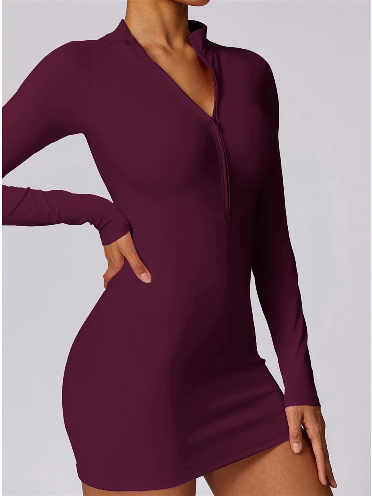 Premium Women Tennis Dress Zipper Nude Long Sleeve Bodycon Tracksuit Bodycon Dresses Running Fitness Golf Badminton Tracksuits