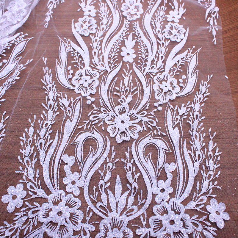 3D Lace and Sparkling Sequin Fabric for African Wedding Dresses White Mesh Fabric