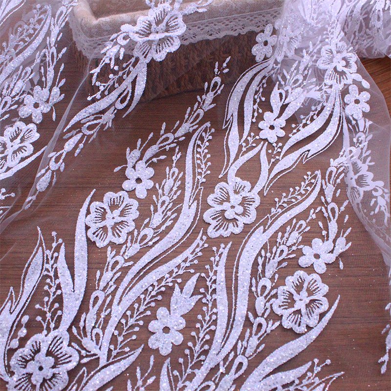 3D Lace and Sparkling Sequin Fabric for African Wedding Dresses White Mesh Fabric