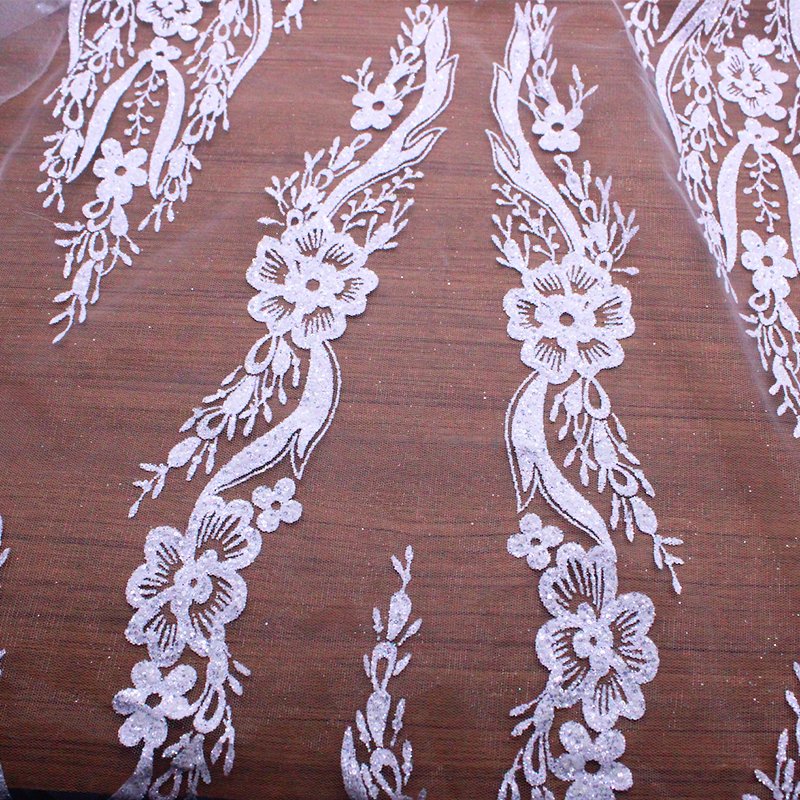 3D Lace and Sparkling Sequin Fabric for African Wedding Dresses White Mesh Fabric
