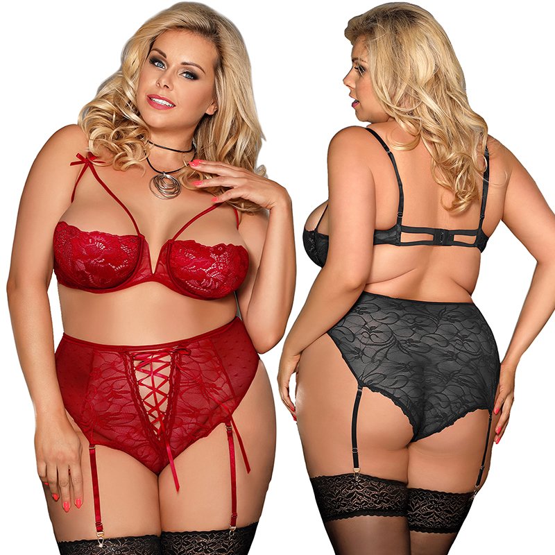 Private Label Design Bra and Panties Set Garter Transparent Floral Lace Hollow Out Sexy Lingerie Plus Size Women's Underwear Set
