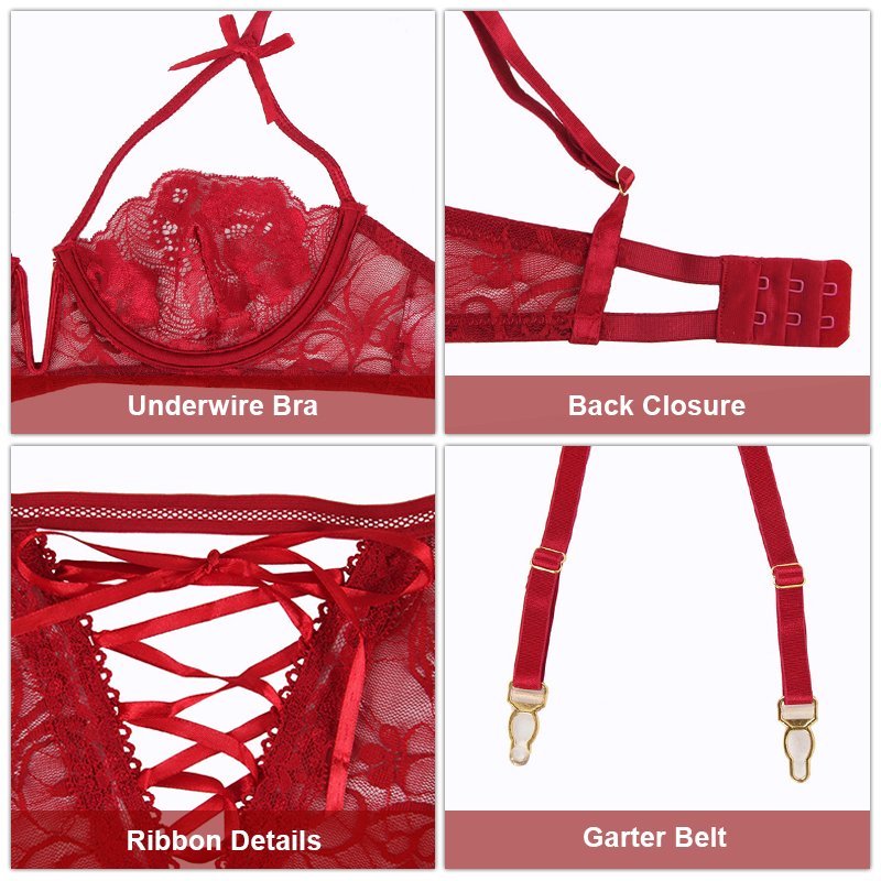 Private Label Design Bra and Panties Set Garter Transparent Floral Lace Hollow Out Sexy Lingerie Plus Size Women's Underwear Set