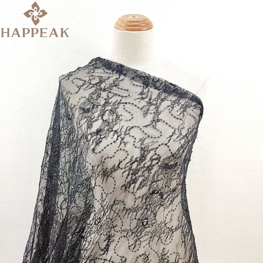 HAPPEAK vintage black sequin lace fabric flower embroidery tulle glitter fabric for wedding