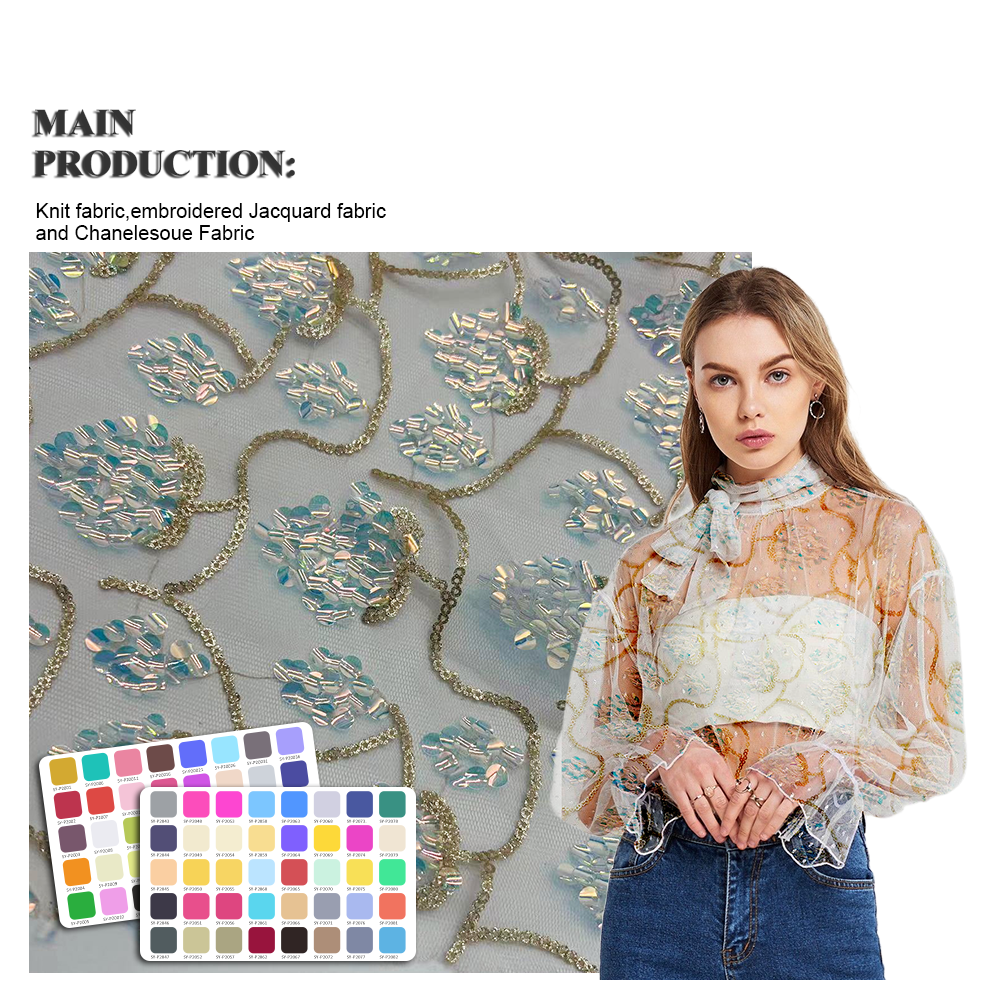 2024 hot selling mesh embroidery fabric with lot of sequin for clothing or hometextile
