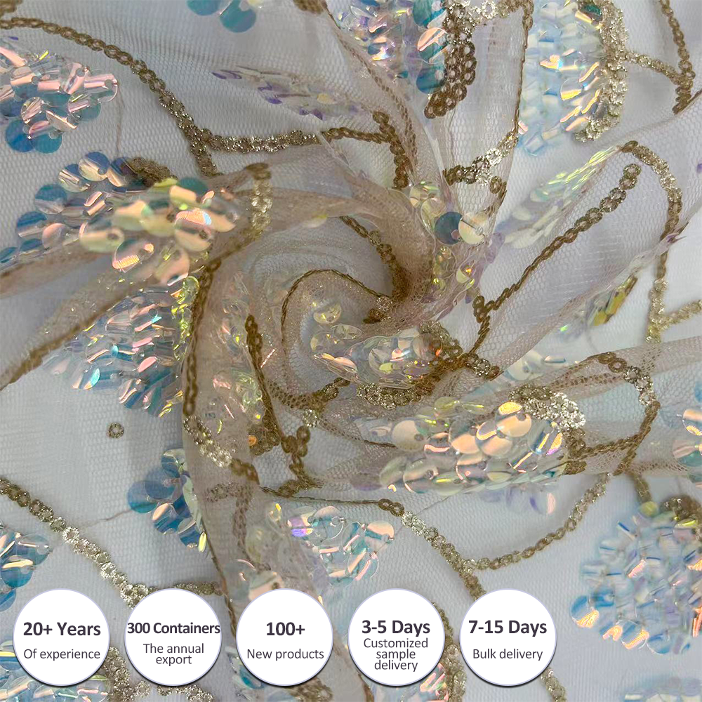 2024 hot selling mesh embroidery fabric with lot of sequin for clothing or hometextile