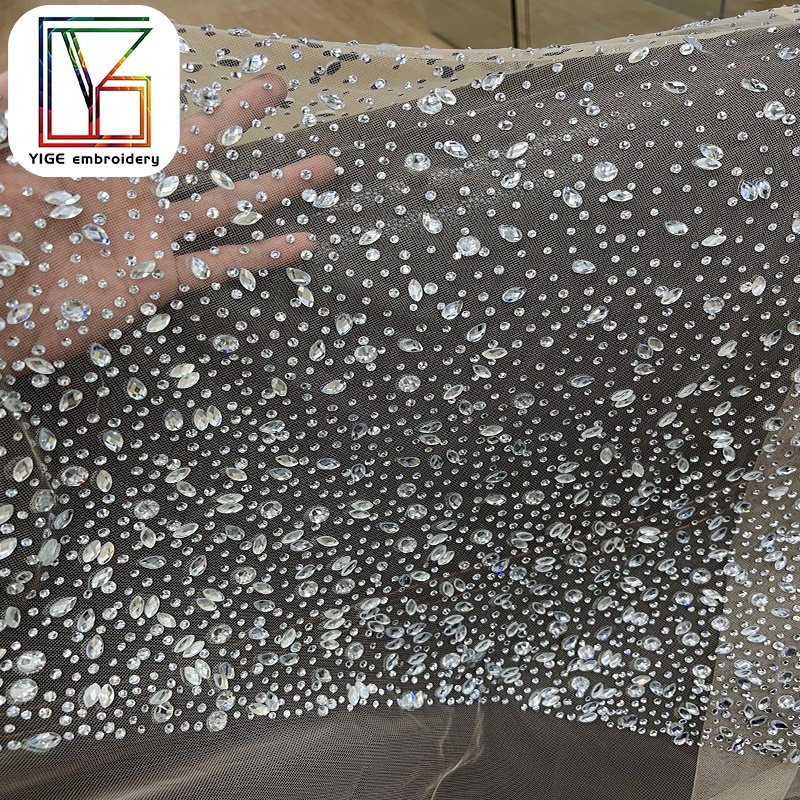 luxury swarovski crystal lace fabric bridal wedding Popular stone handmade rhinestone tulle fabric white crystal lace fabric