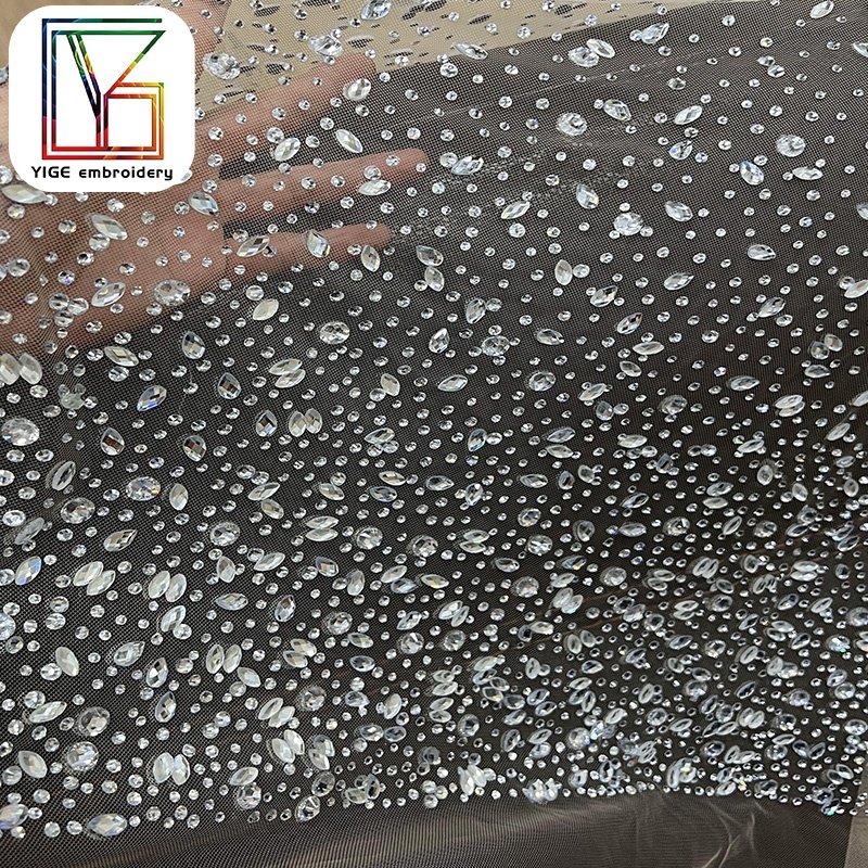 luxury swarovski crystal lace fabric bridal wedding Popular stone handmade rhinestone tulle fabric white crystal lace fabric