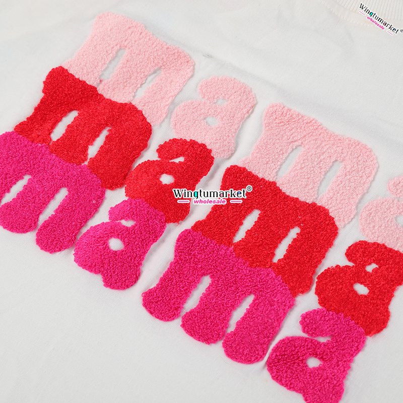 Chenille embroidery mama t shirt women plus size ribbed crew neck raglan sleeve sequin glitter custom t shirts for women