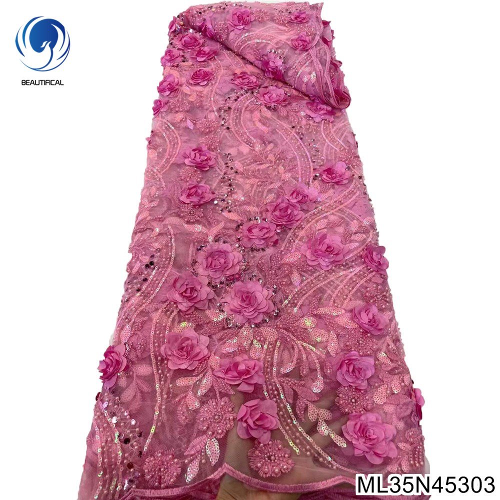 Beautifical White 3d lace fabric bridal flower french lace fabric with beads high quality net lace for wedding ML35N453