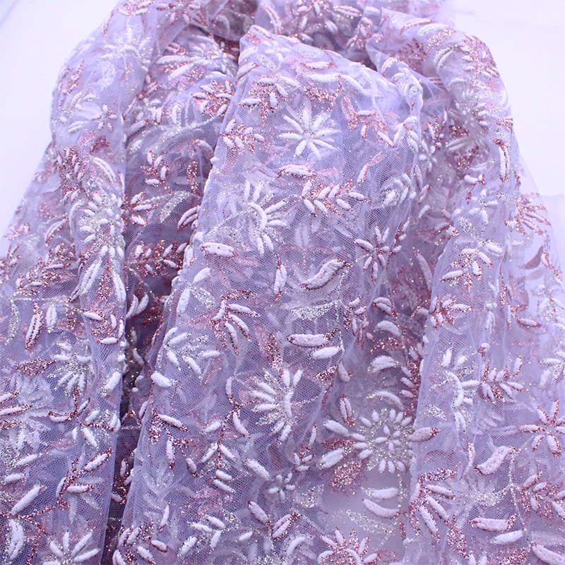 Fashionable Purple Dress Fabric with Glittering Sequins Flower Embroidery Mesh Made Polyester Lace Weddings Clothing Decoration