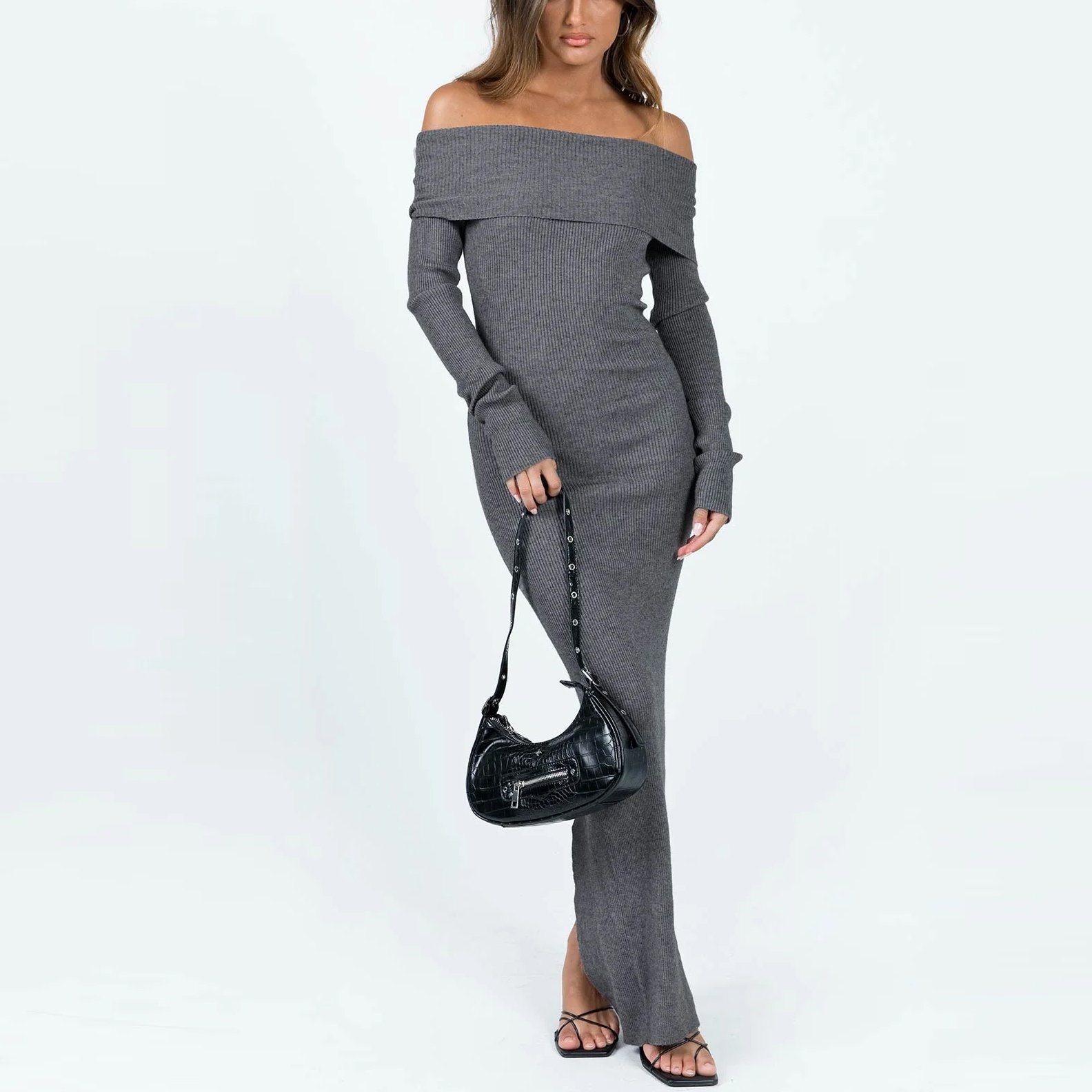 Custom Knitwear Mufacturers Women Knitted Dresses Cutout Long Sleeve Ribbed Knit Midi Sweater Dress Clothing