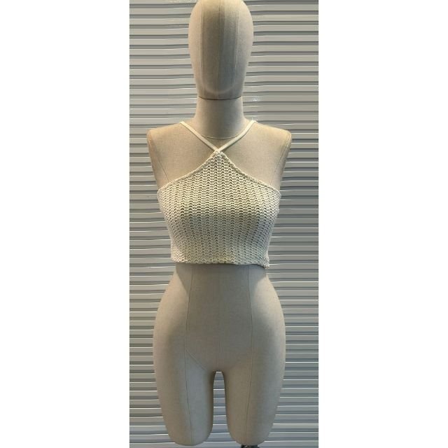 Women's Elegant White Ribbed Halter Dress with Cross Neck Detail