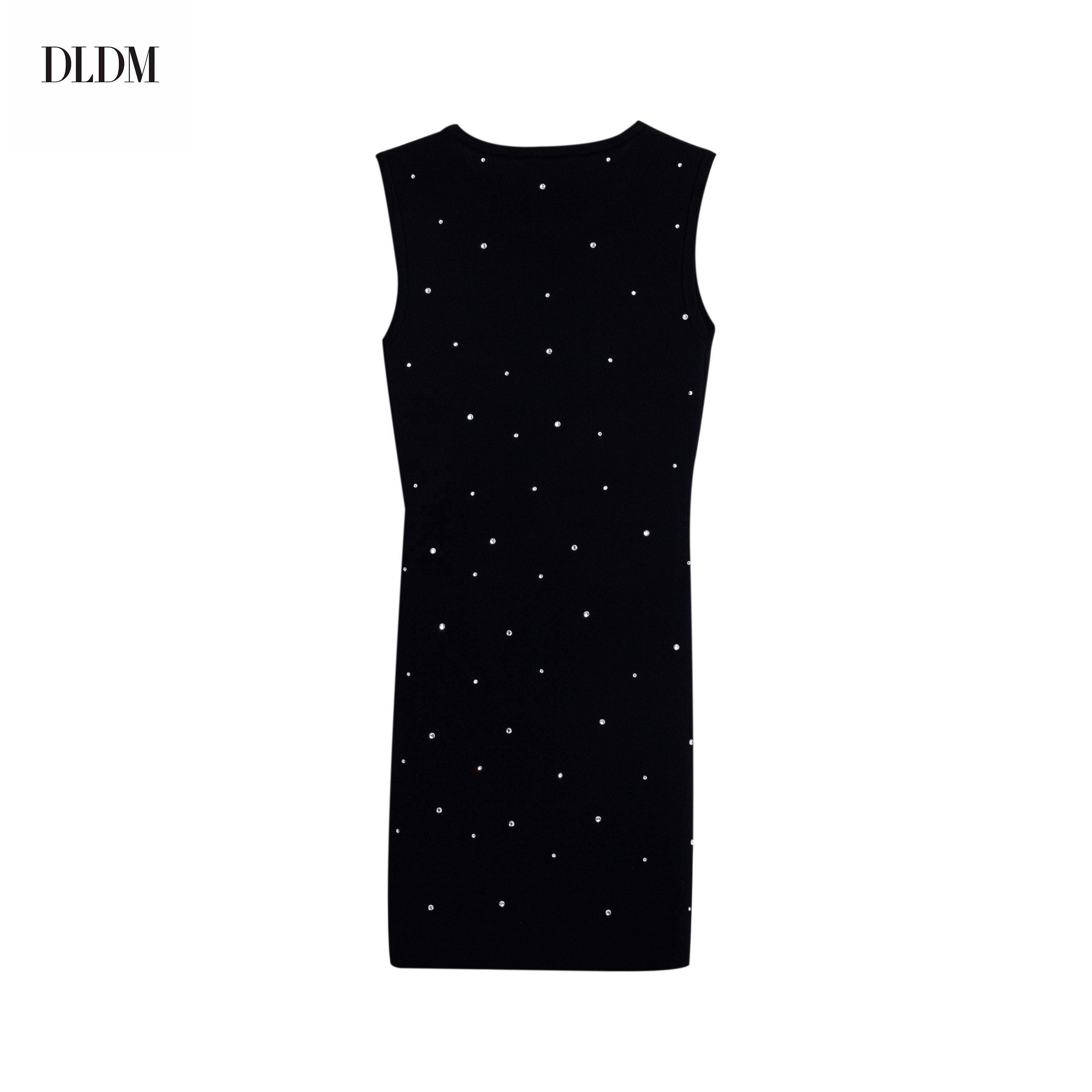 DLDM Custom Bodycon Diamond High Waist Hip Cover Korean Dress Women's Knitted Sleeveless Rhinestones Mid Hip Wrap Party Dresses