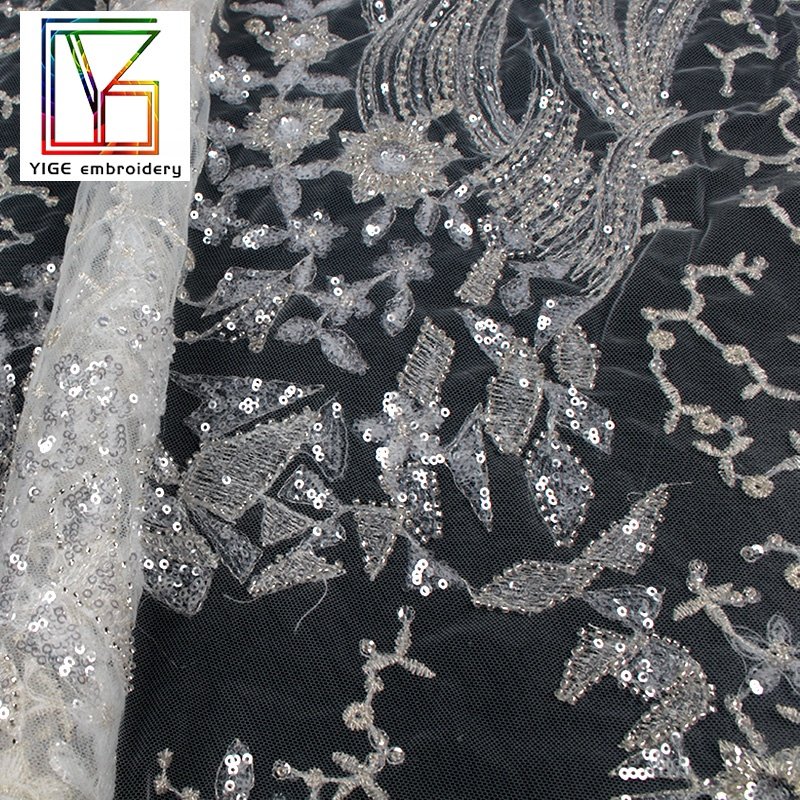 Luxury 3d flower sliver lace fabric Heavy Beaded Lace Fabric 5 Yards for evening dress