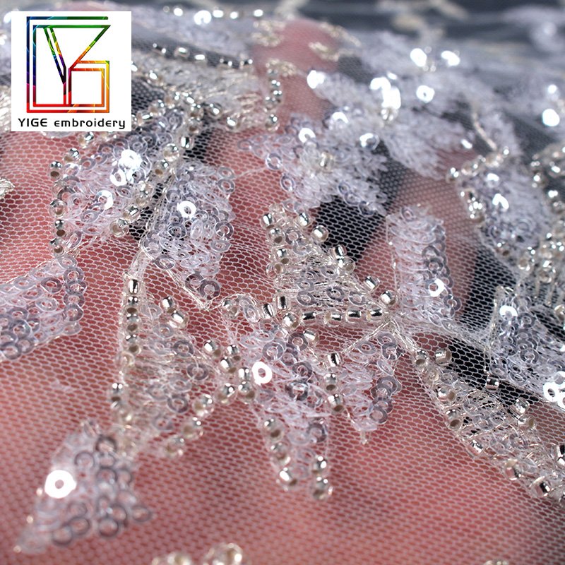 Luxury 3d flower sliver lace fabric Heavy Beaded Lace Fabric 5 Yards for evening dress