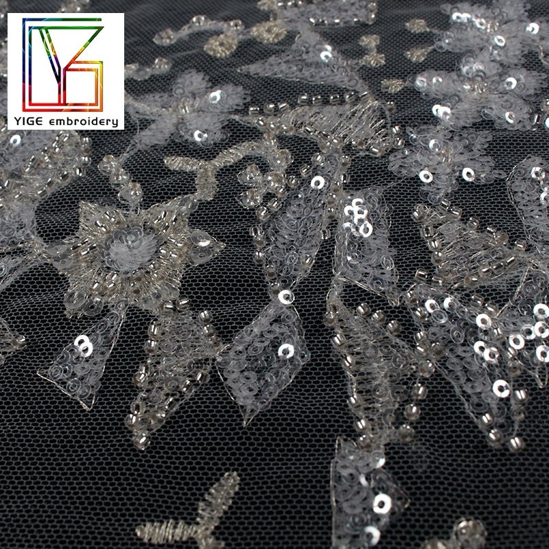 Luxury 3d flower sliver lace fabric Heavy Beaded Lace Fabric 5 Yards for evening dress