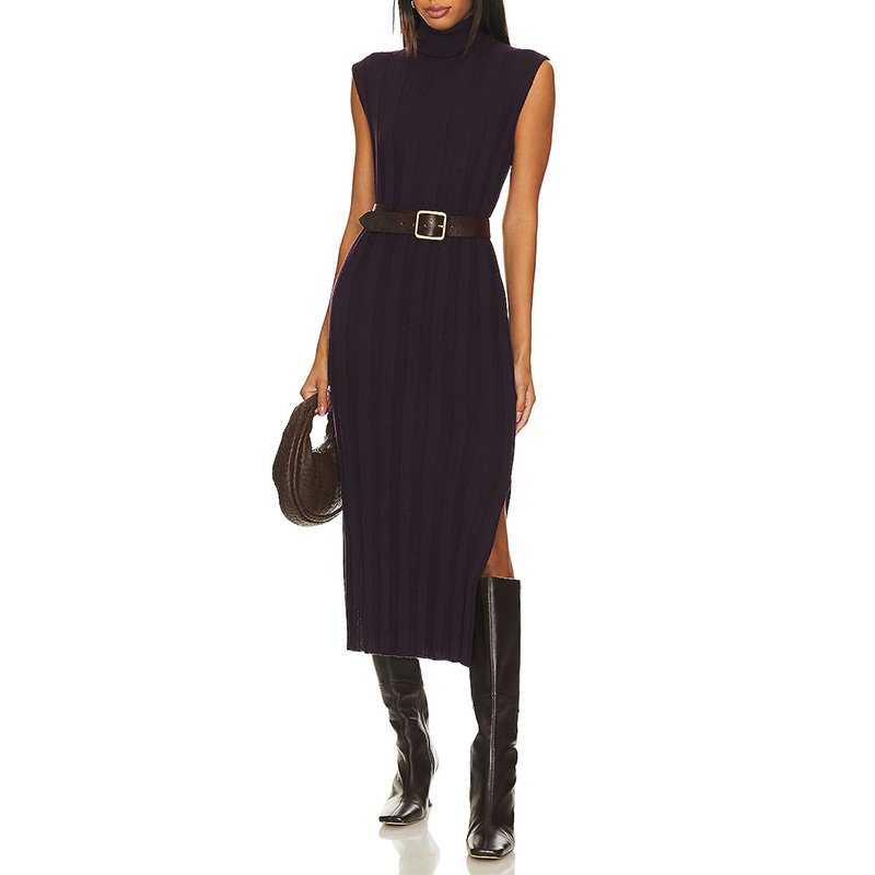 Women Long High Collar Ribbed Office Black Knit Tank Maxi Dress With Poncho Office Lady Belt