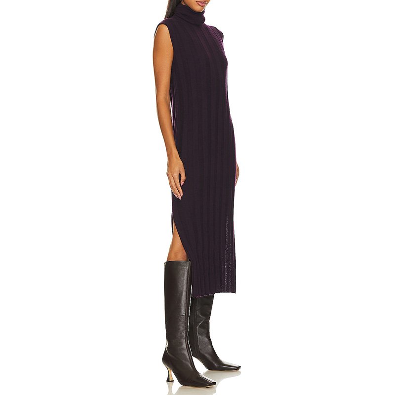 Women Long High Collar Ribbed Office Black Knit Tank Maxi Dress With Poncho Office Lady Belt