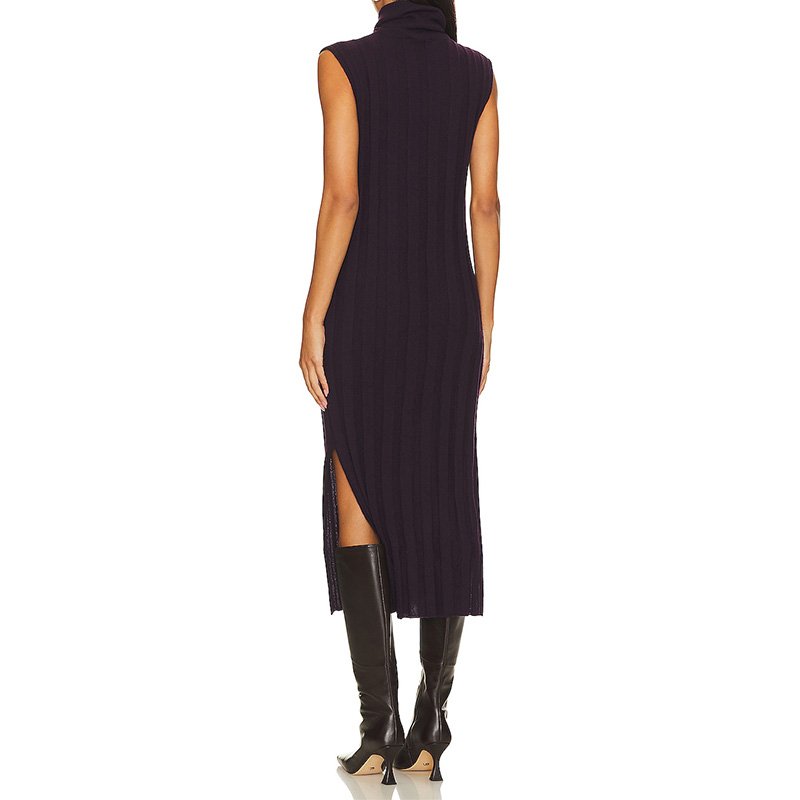 Women Long High Collar Ribbed Office Black Knit Tank Maxi Dress With Poncho Office Lady Belt