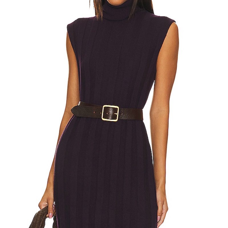 Women Long High Collar Ribbed Office Black Knit Tank Maxi Dress With Poncho Office Lady Belt