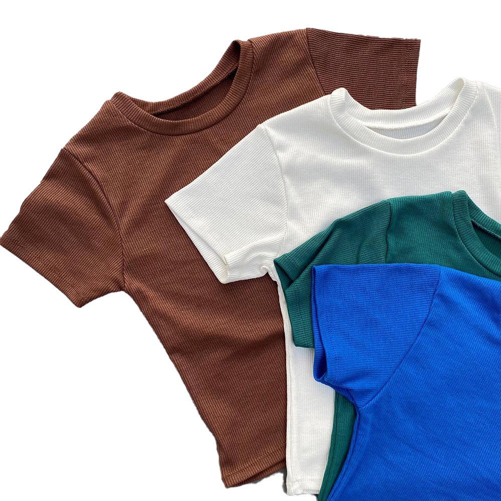 Custom Logo Short Tops For Women Ribbed Cotton T Shirt Blank Crew Neck Knit Crop Tee Top T-Shirts