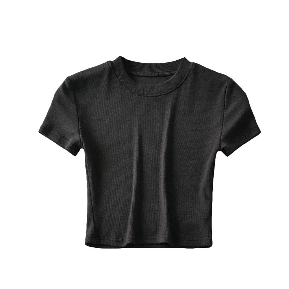 Custom Logo Short Tops For Women Ribbed Cotton T Shirt Blank Crew Neck Knit Crop Tee Top T-Shirts