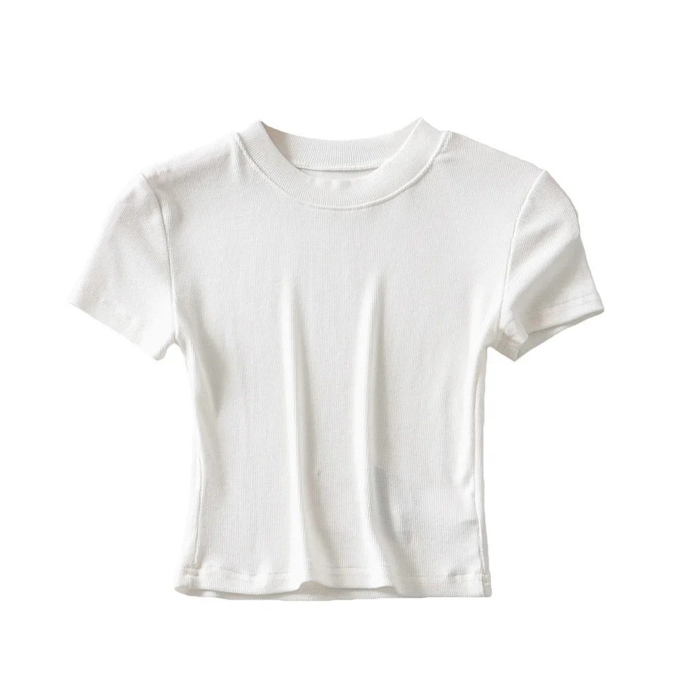 Custom Logo Short Tops For Women Ribbed Cotton T Shirt Blank Crew Neck Knit Crop Tee Top T-Shirts