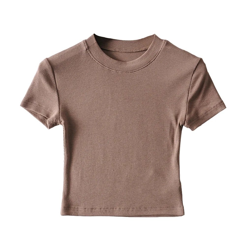 Custom Logo Short Tops For Women Ribbed Cotton T Shirt Blank Crew Neck Knit Crop Tee Top T-Shirts