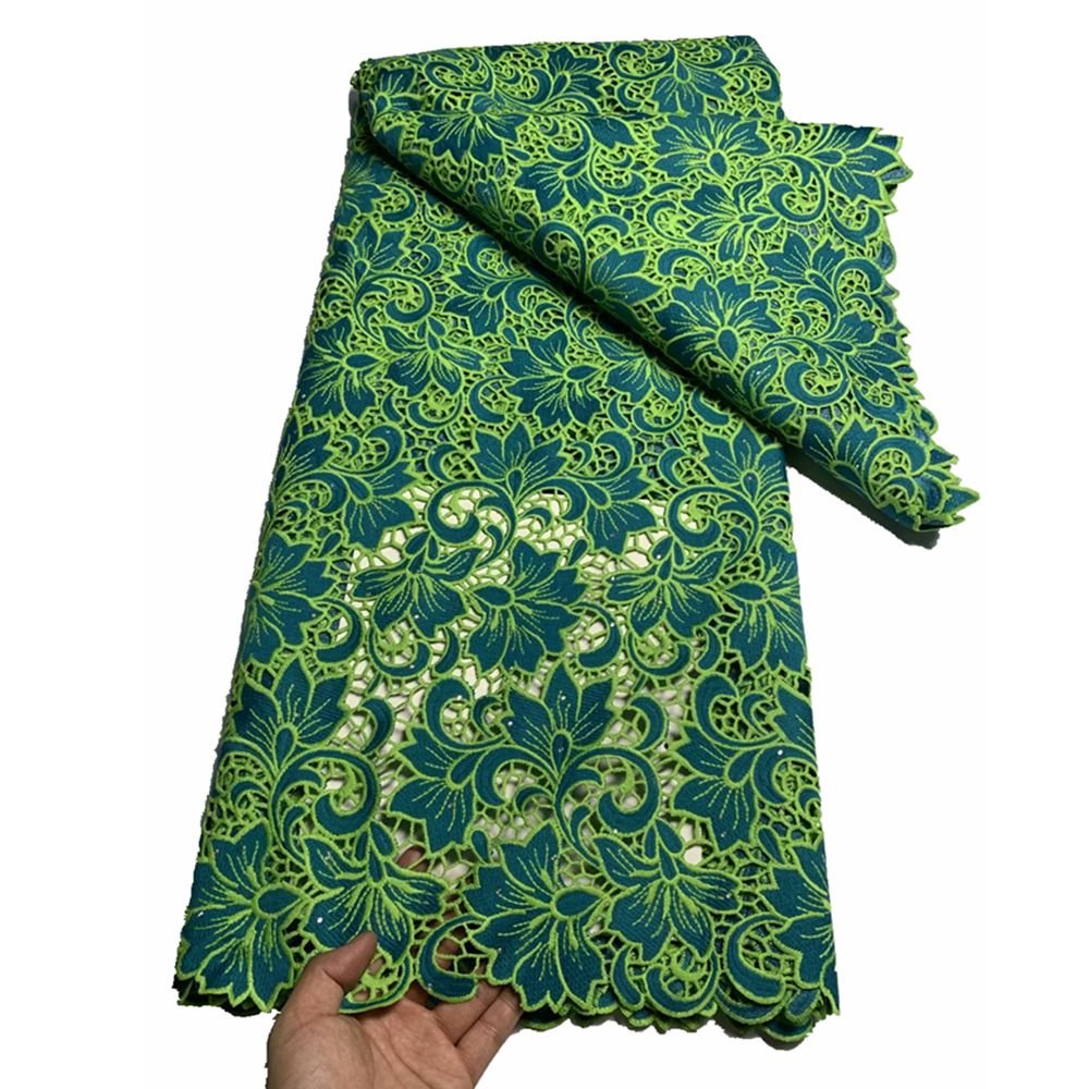 African Water Soluble corded Lace with stones cotton guipure blossom flower pattern cord embroidery lace fabric for dresses