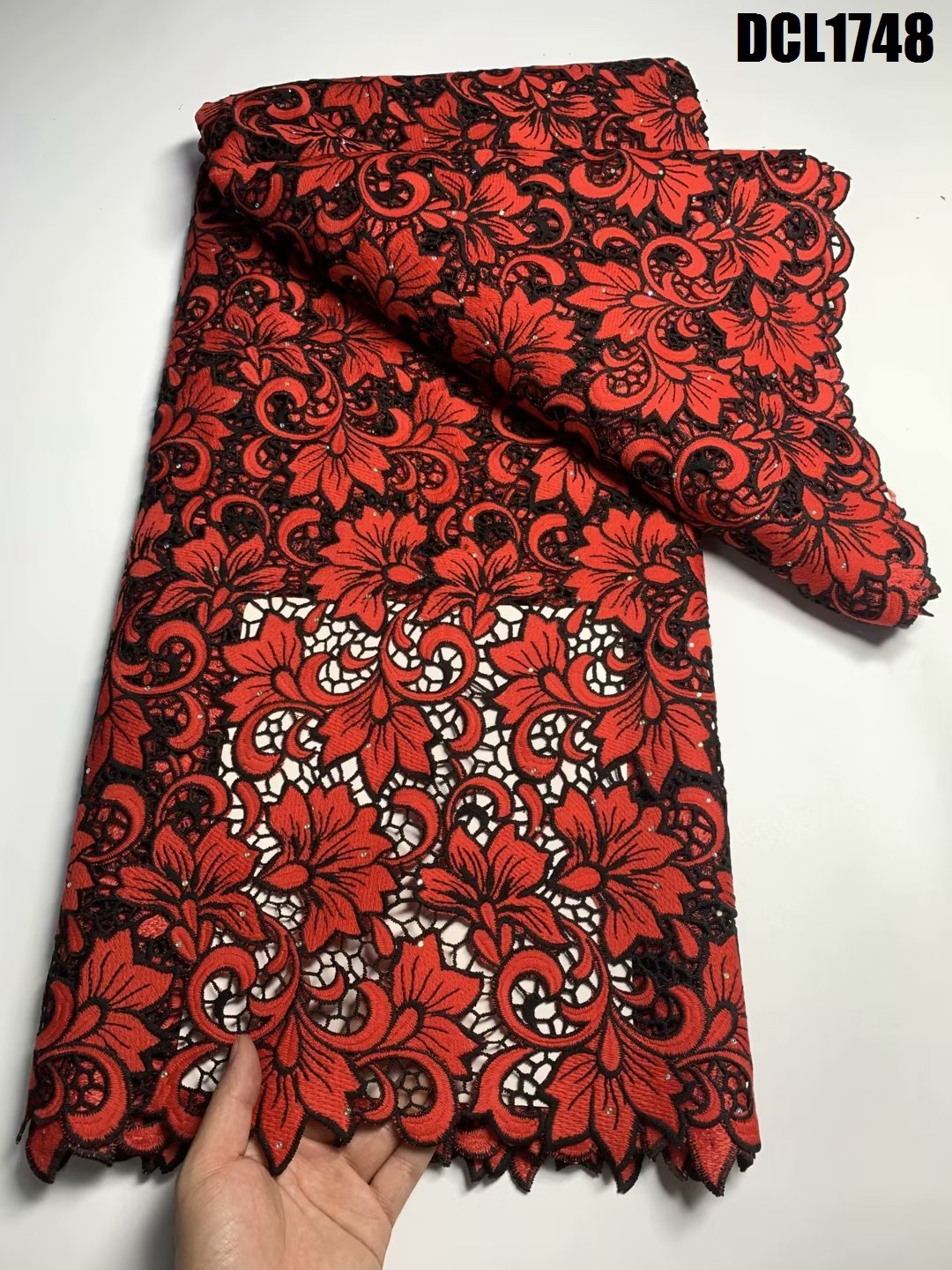 African Water Soluble corded Lace with stones cotton guipure blossom flower pattern cord embroidery lace fabric for dresses