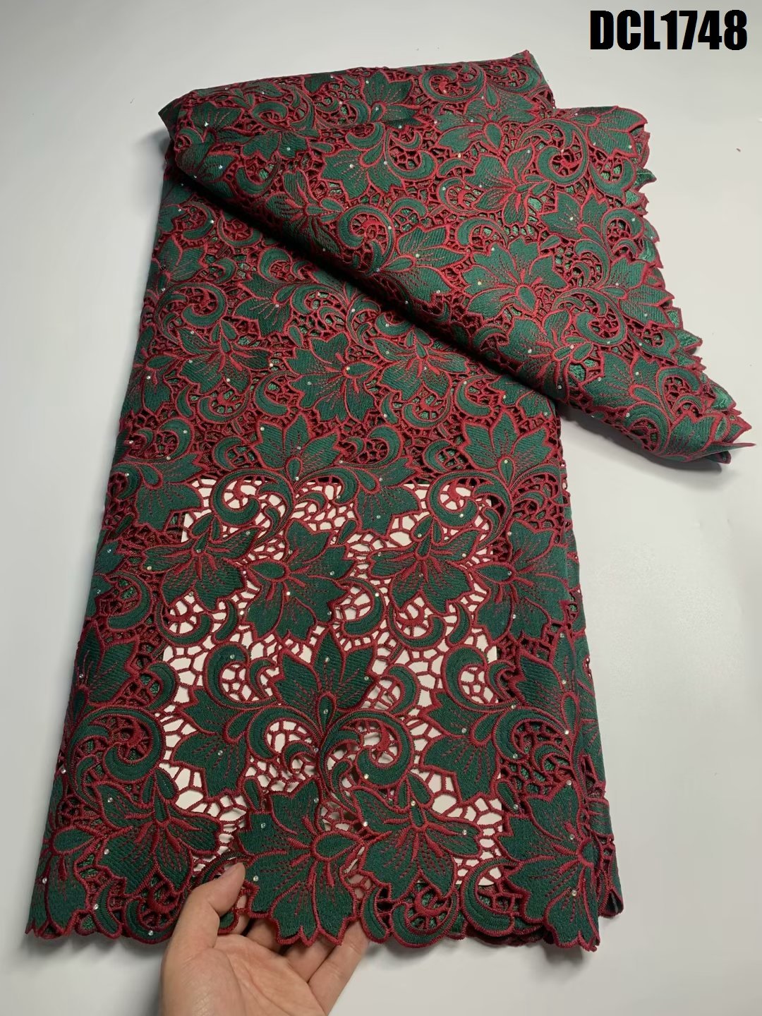 African Water Soluble corded Lace with stones cotton guipure blossom flower pattern cord embroidery lace fabric for dresses