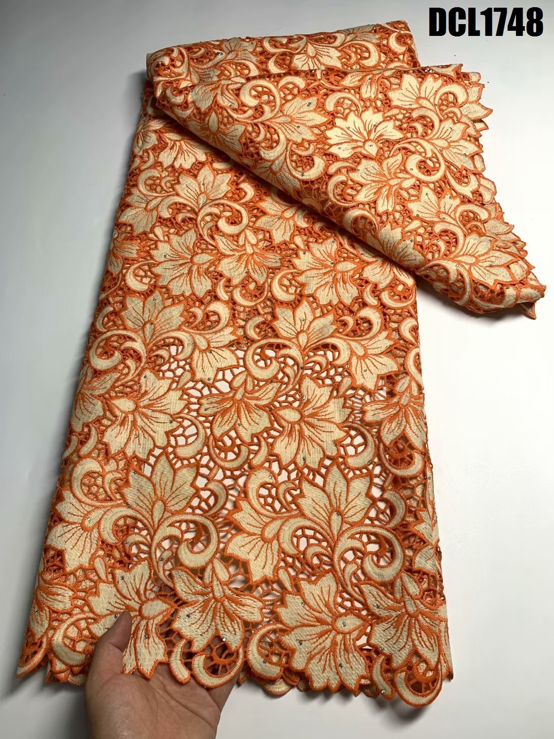 African Water Soluble corded Lace with stones cotton guipure blossom flower pattern cord embroidery lace fabric for dresses