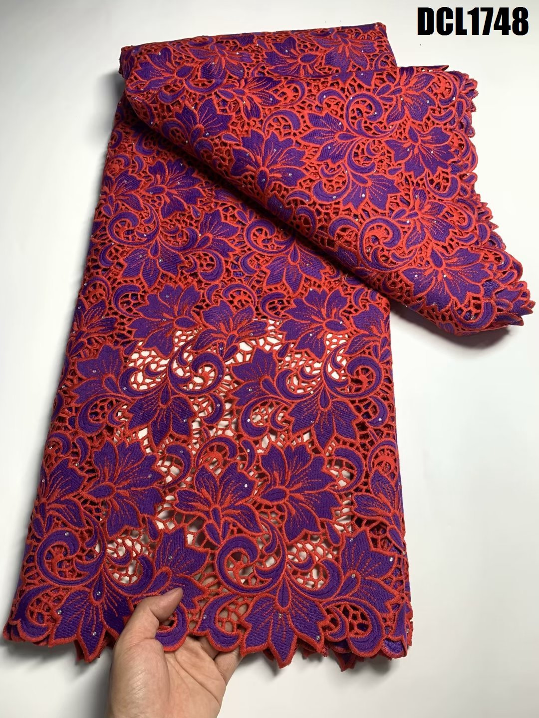 African Water Soluble corded Lace with stones cotton guipure blossom flower pattern cord embroidery lace fabric for dresses