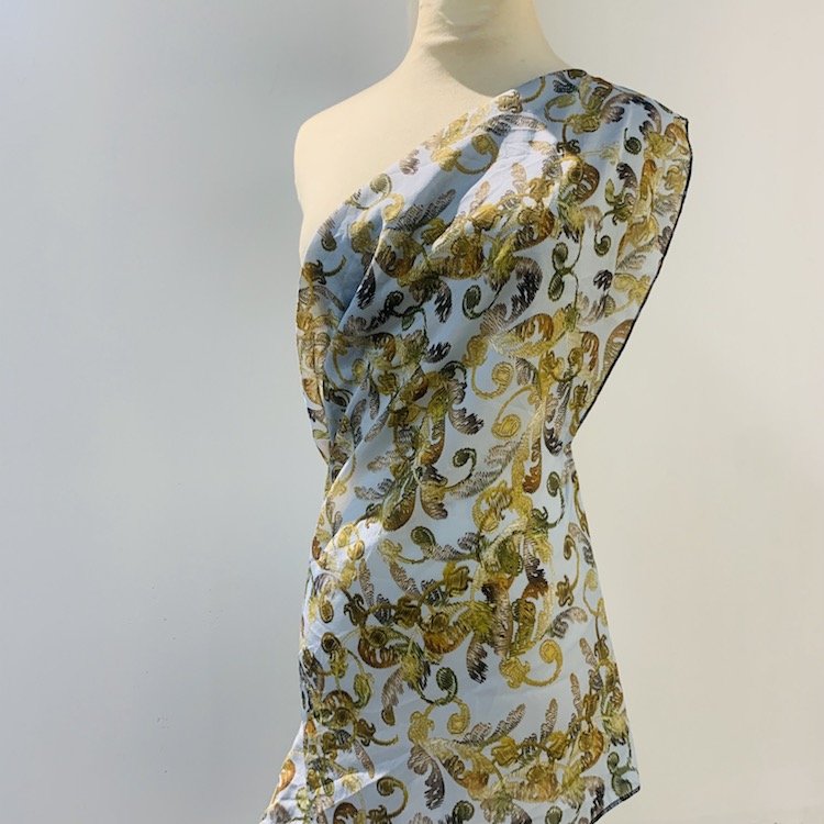 Golden Pattern Spun Silk Tulle Clothes Dress Printing Embroidery Fabric